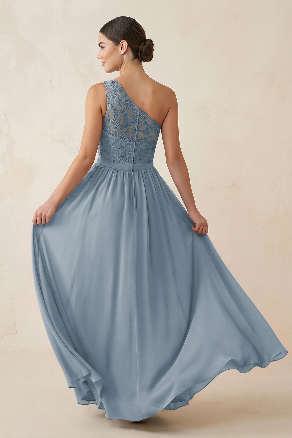 One-Shoulder Lace Chiffon A-Line Bridesmaid Dress in Dusty Blue
