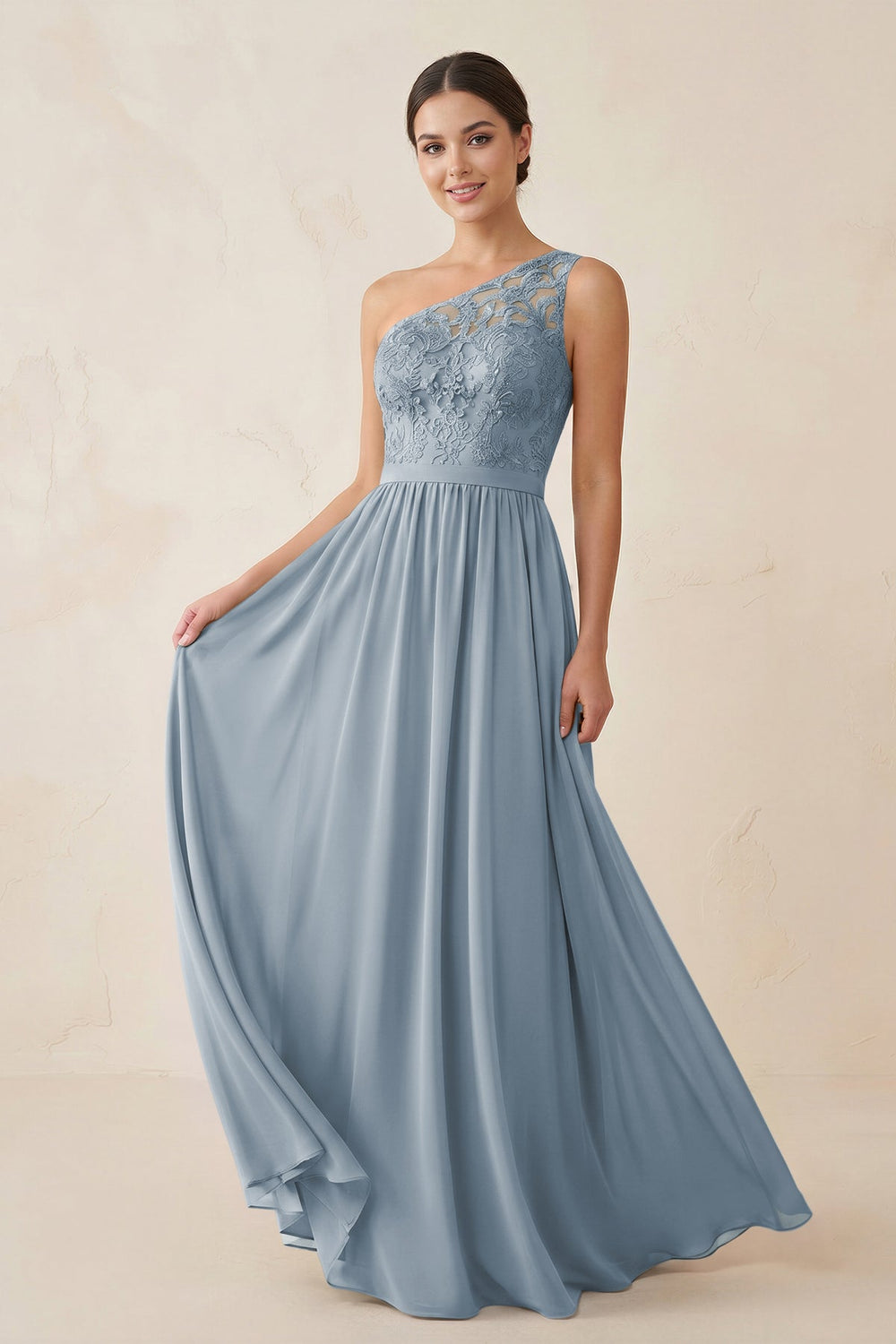 One-Shoulder Lace Chiffon A-Line Bridesmaid Dress in Dusty Blue
