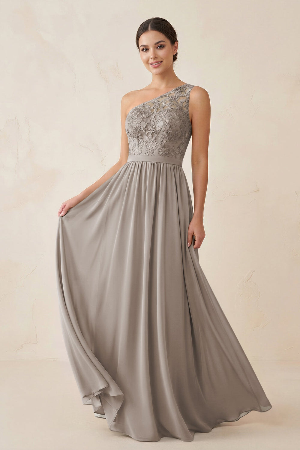 One-Shoulder Lace Chiffon A-Line Bridesmaid Dress in Frost