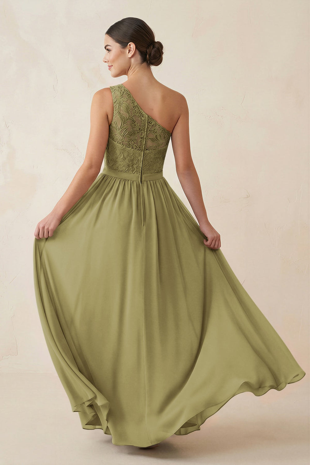 One-Shoulder Lace Chiffon A-Line Bridesmaid Dress in Moss Green