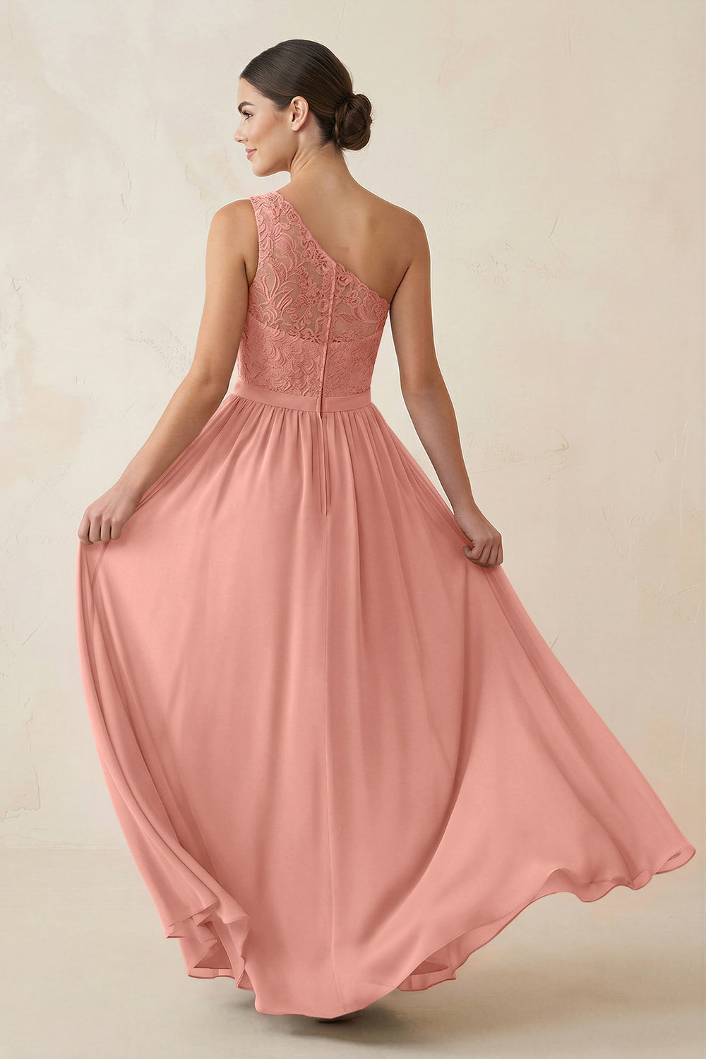 One-Shoulder Lace Chiffon A-Line Bridesmaid Dress in Rosette