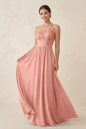 One-Shoulder Lace Chiffon A-Line Bridesmaid Dress in Rosette | KISSBRIDAL