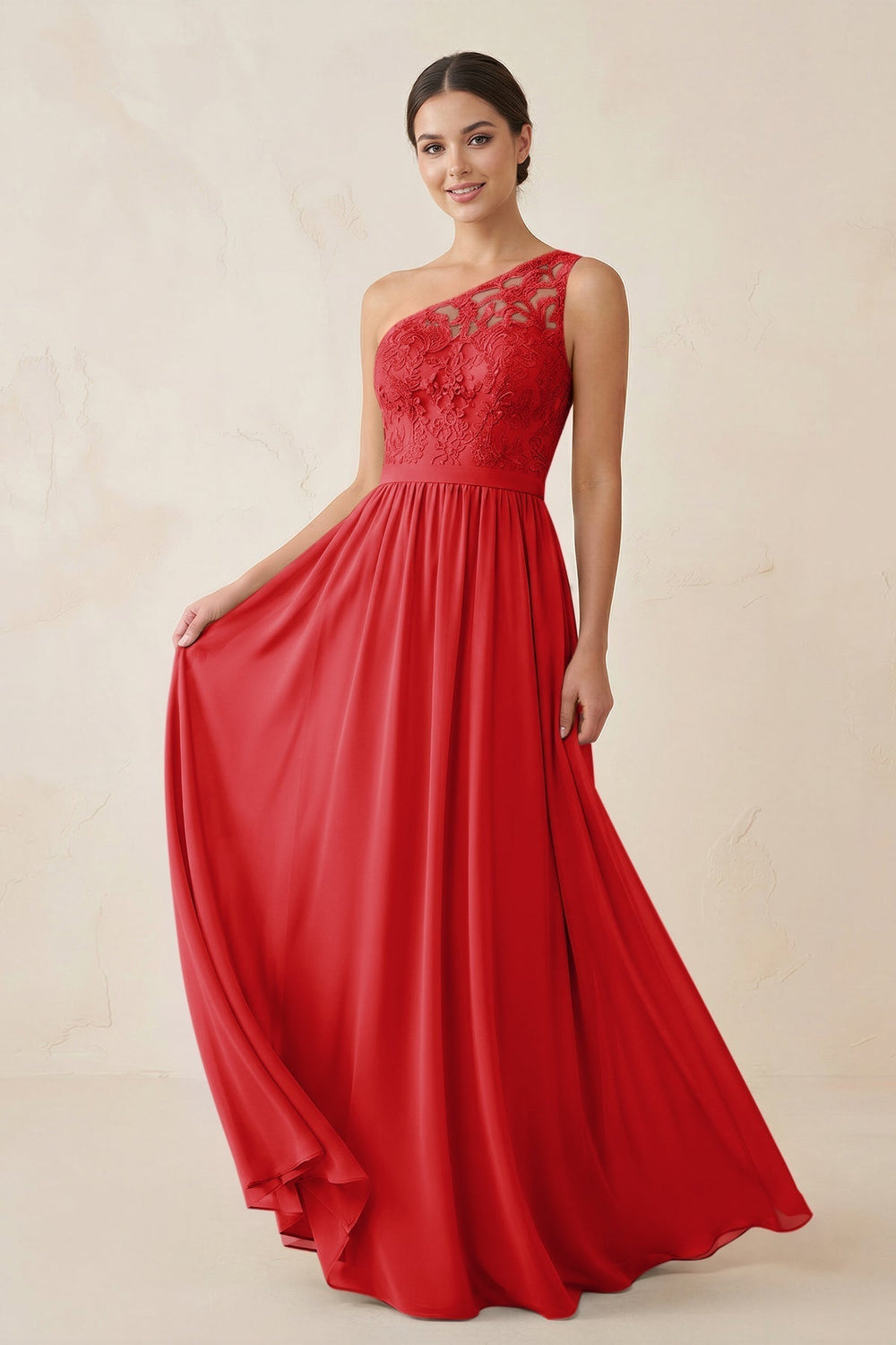 One-Shoulder Lace Chiffon A-Line Bridesmaid Dress in Ruby Red