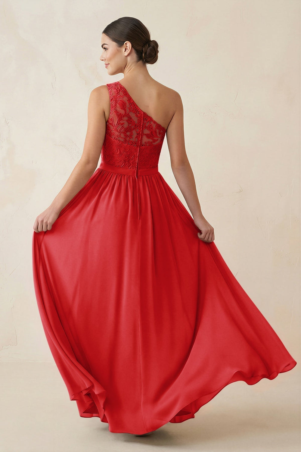 One-Shoulder Lace Chiffon A-Line Bridesmaid Dress in Ruby Red