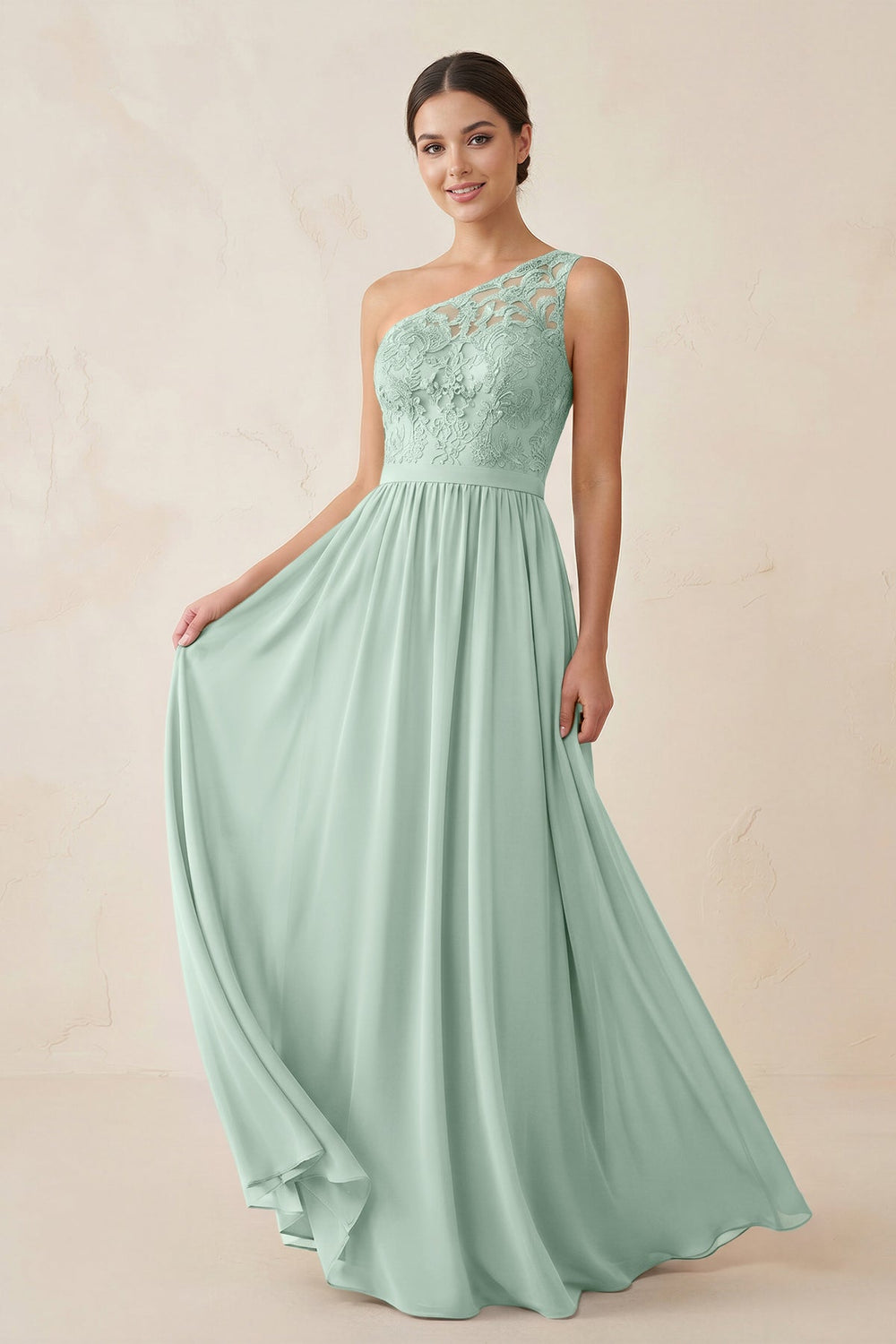 One-Shoulder Lace Chiffon A-Line Bridesmaid Dress in Sage