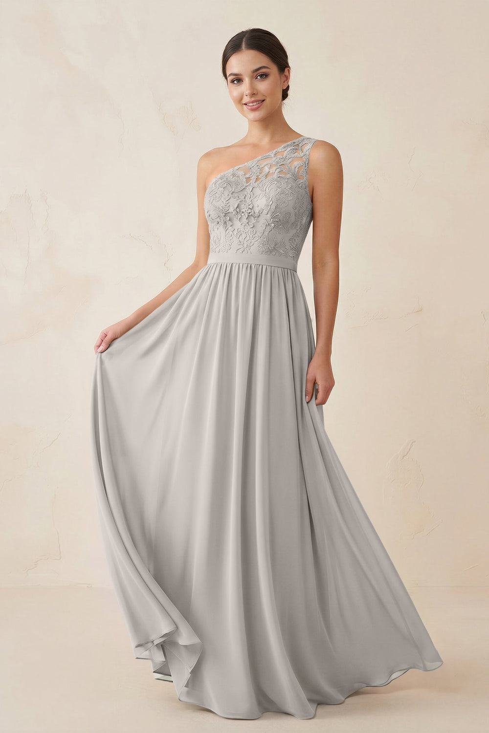 One-Shoulder Lace Chiffon A-Line Bridesmaid Dress in Silver