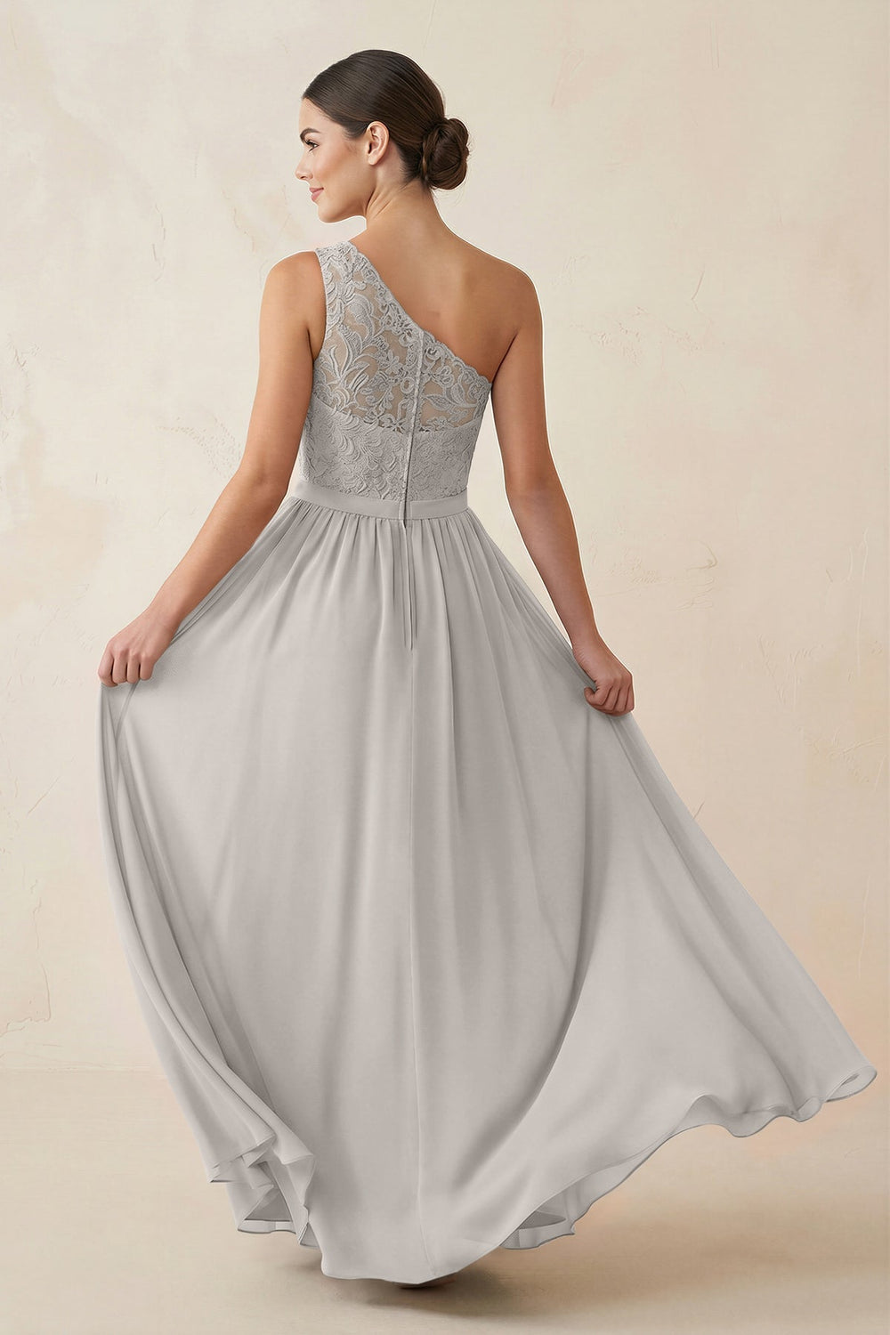 One-Shoulder Lace Chiffon A-Line Bridesmaid Dress in Silver