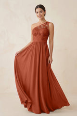 One - Shoulder Lace Chiffon A - Line Bridesmaid Dress in Spice - KISS BRIDAL Bridesmaid Dresses