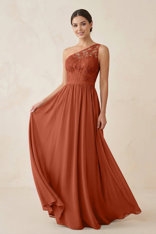 One - Shoulder Lace Chiffon A - Line Bridesmaid Dress in Spice - KISS BRIDAL Bridesmaid Dresses