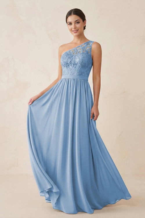 One-Shoulder Lace Chiffon A-Line Bridesmaid Dress in Steel Blue | KISSBRIDAL