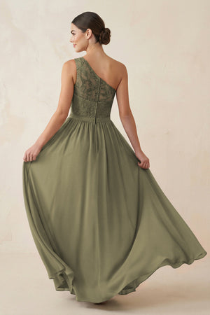 One-Shoulder Lace Chiffon A-Line Bridesmaid Dress in Thyme (2) | KISSBRIDAL