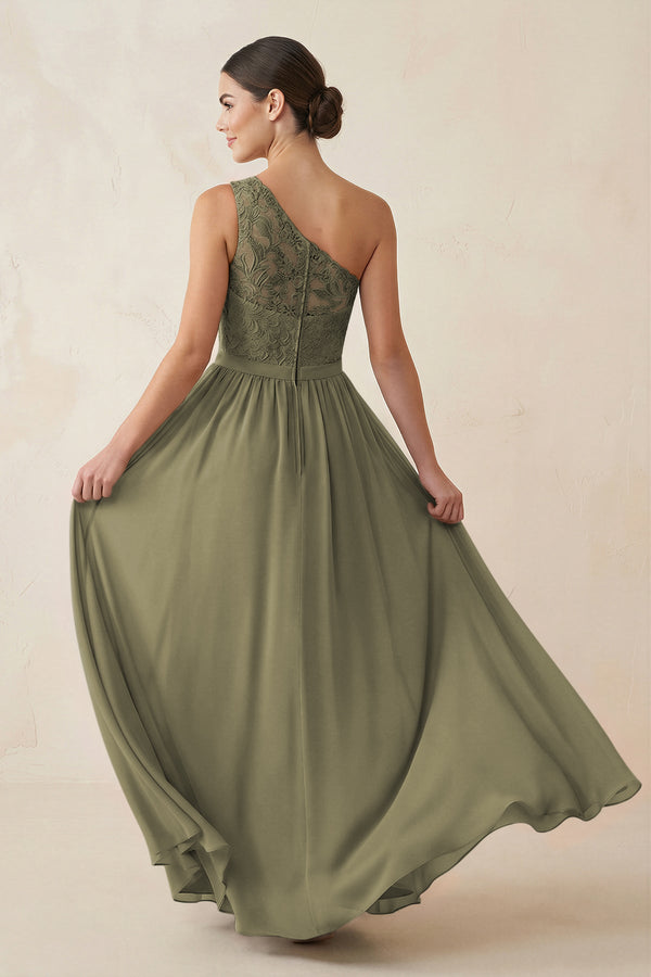 One-Shoulder Lace Chiffon A-Line Bridesmaid Dress in Thyme (2) | KISSBRIDAL