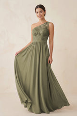 One-Shoulder Lace Chiffon A-Line Bridesmaid Dress in Thyme | KISSBRIDAL