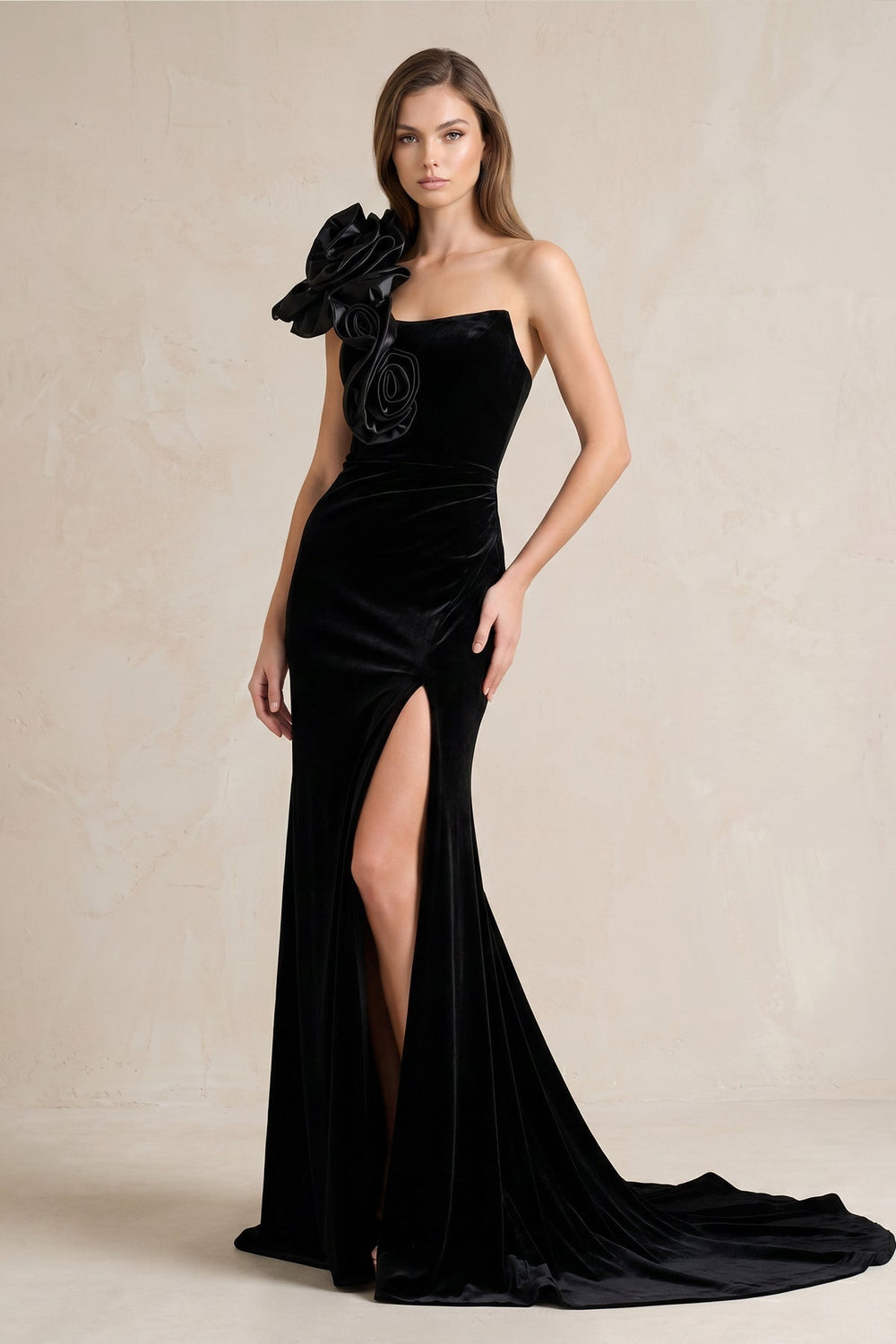 One-Shoulder Mermaid Satin Wedding Dress with Slit in Black