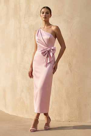One Shoulder Midi Dress With Bow in Pink - KISSBRIDAL