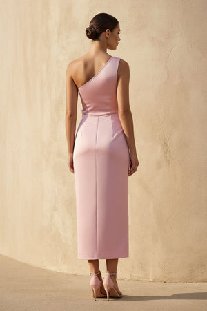 One Shoulder Midi Dress With Bow in Pink - KISSBRIDAL