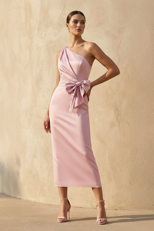One Shoulder Midi Dress With Bow in Pink - KISSBRIDAL