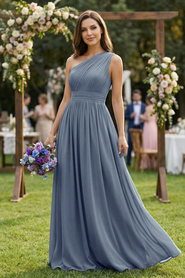 One - Shoulder Pleated A - Line Chiffon Bridesmaid Dress - KISS BRIDAL Bridesmaid Dresses
