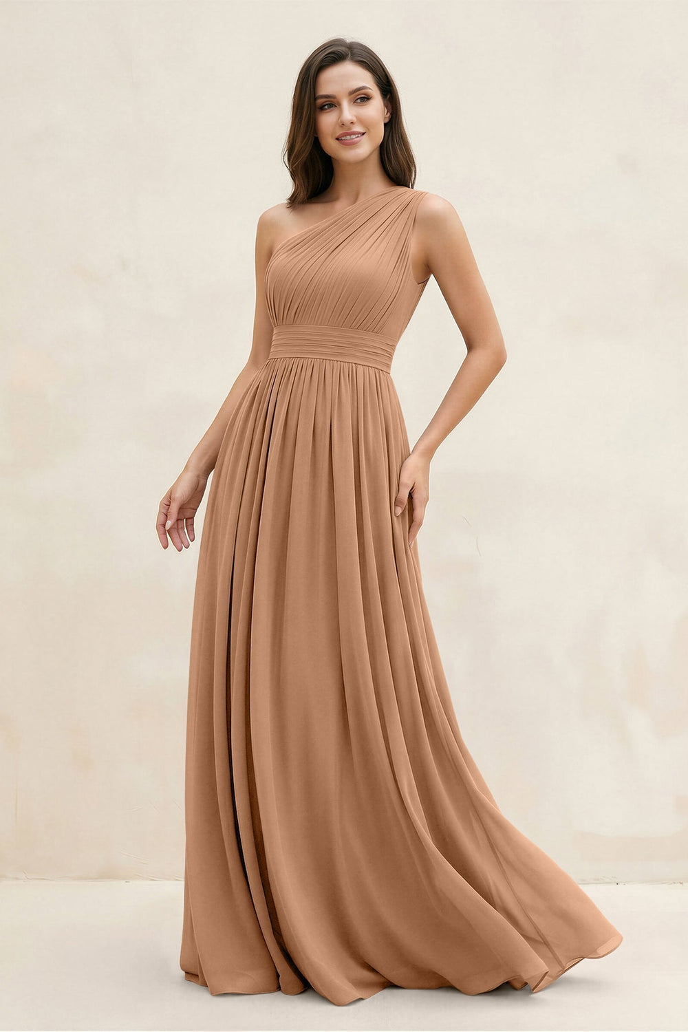 One-Shoulder Pleated A-Line Chiffon Bridesmaid Dress in Bronzer