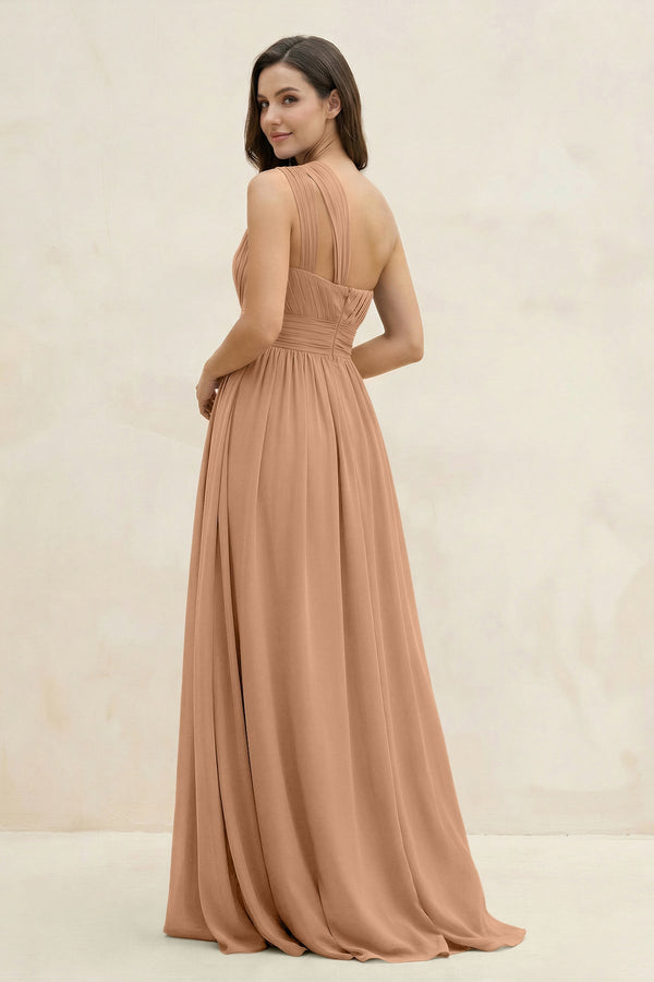 One - Shoulder Pleated A - Line Chiffon Bridesmaid Dress in Bronzer - KISS BRIDAL Bridesmaid Dresses