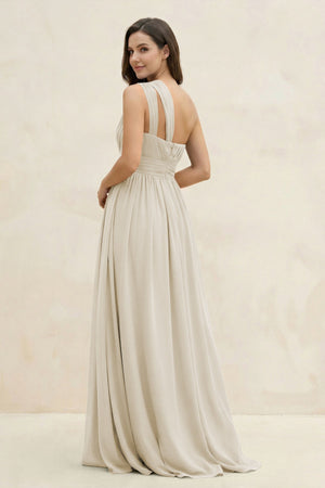 One - Shoulder Pleated A - Line Chiffon Bridesmaid Dress in Dove Gray - KISS BRIDAL Bridesmaid Dresses