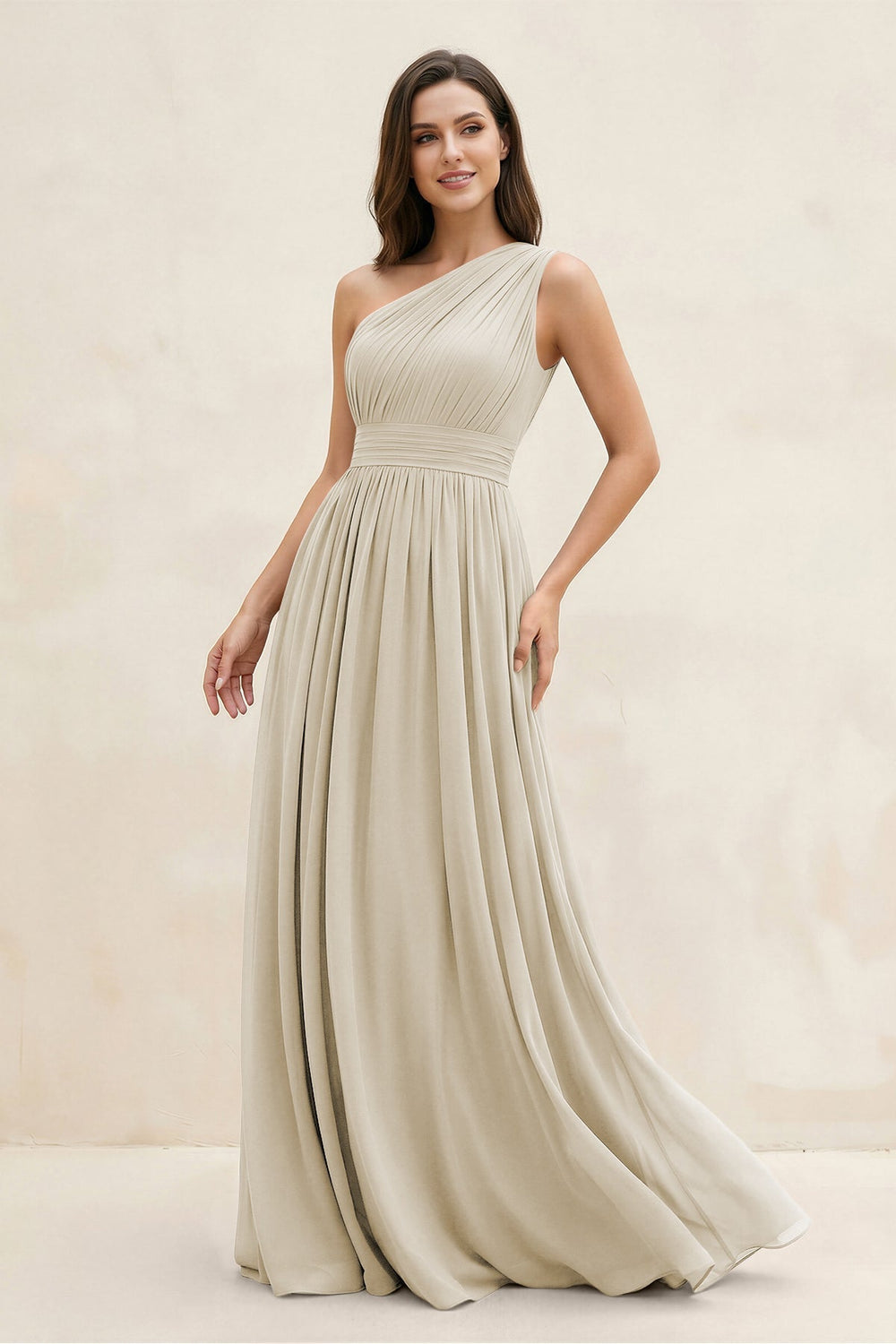 One-Shoulder Pleated A-Line Chiffon Bridesmaid Dress in Dove Gray