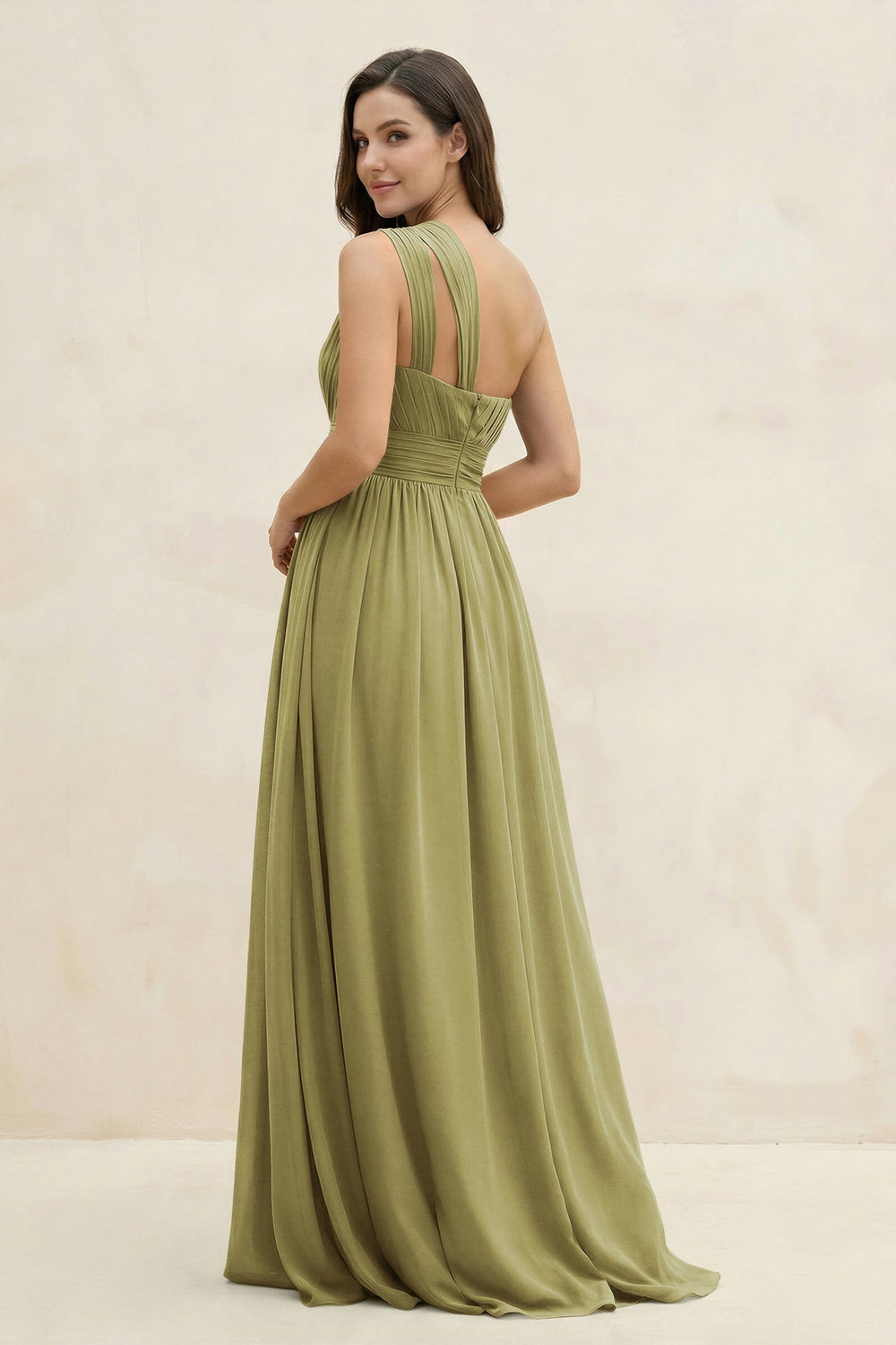 One-Shoulder Pleated A-Line Chiffon Bridesmaid Dress in Moss Green