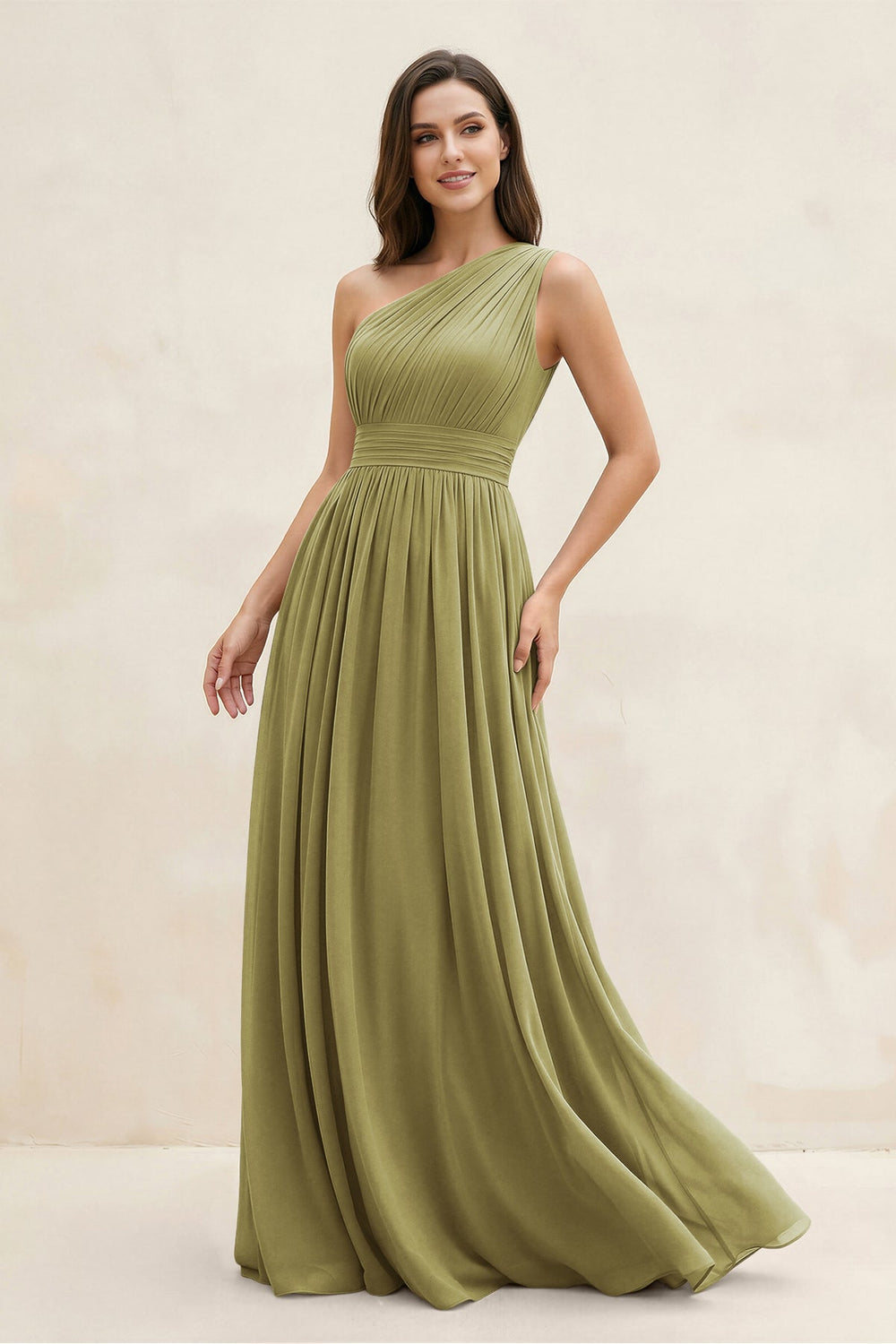 One-Shoulder Pleated A-Line Chiffon Bridesmaid Dress in Moss Green