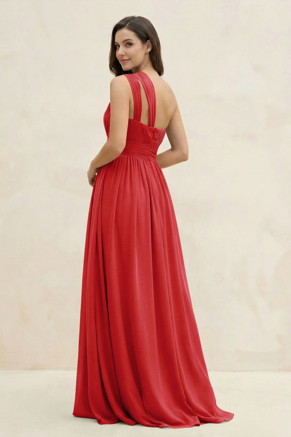 One - Shoulder Pleated A - Line Chiffon Bridesmaid Dress in Ruby Red - KISS BRIDAL Bridesmaid Dresses