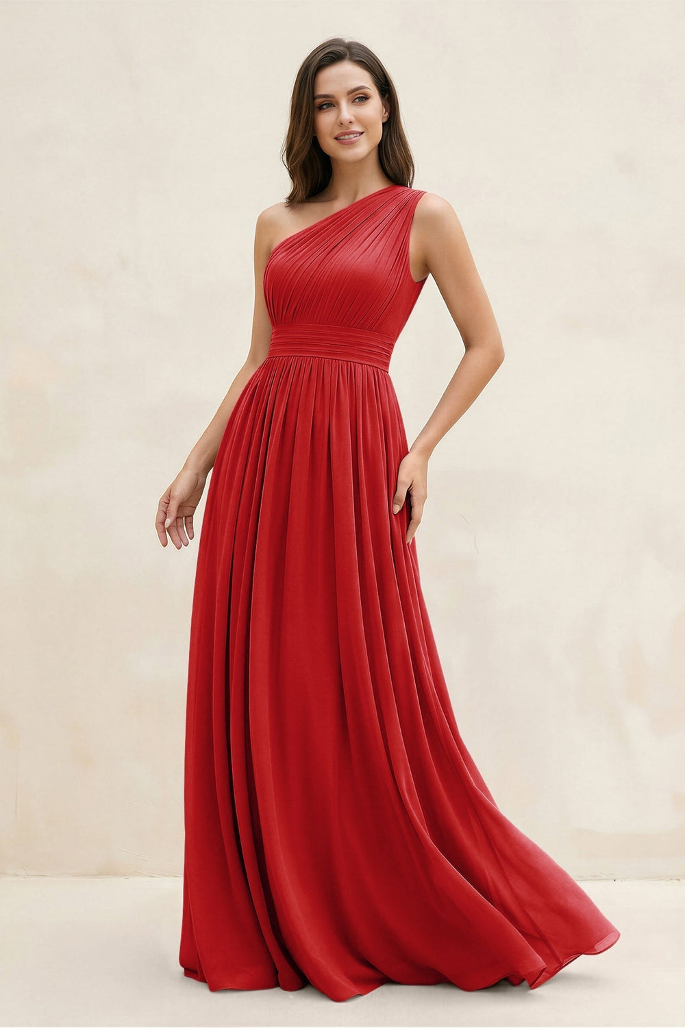One-Shoulder Pleated A-Line Chiffon Bridesmaid Dress in Ruby Red