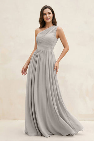 One - Shoulder Pleated A - Line Chiffon Bridesmaid Dress in Silver - KISS BRIDAL Bridesmaid Dresses