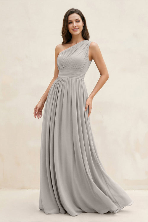One - Shoulder Pleated A - Line Chiffon Bridesmaid Dress in Silver - KISS BRIDAL Bridesmaid Dresses
