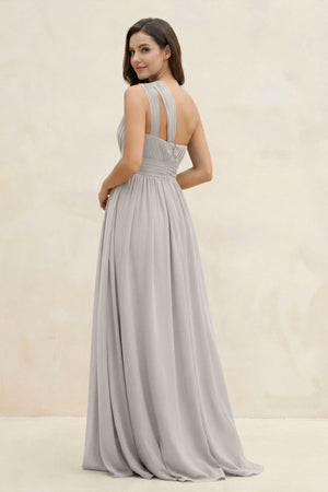 One - Shoulder Pleated A - Line Chiffon Bridesmaid Dress in Silver - KISS BRIDAL Bridesmaid Dresses