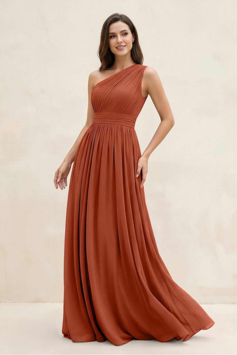 One-Shoulder Pleated A-Line Chiffon Bridesmaid Dress in Spice