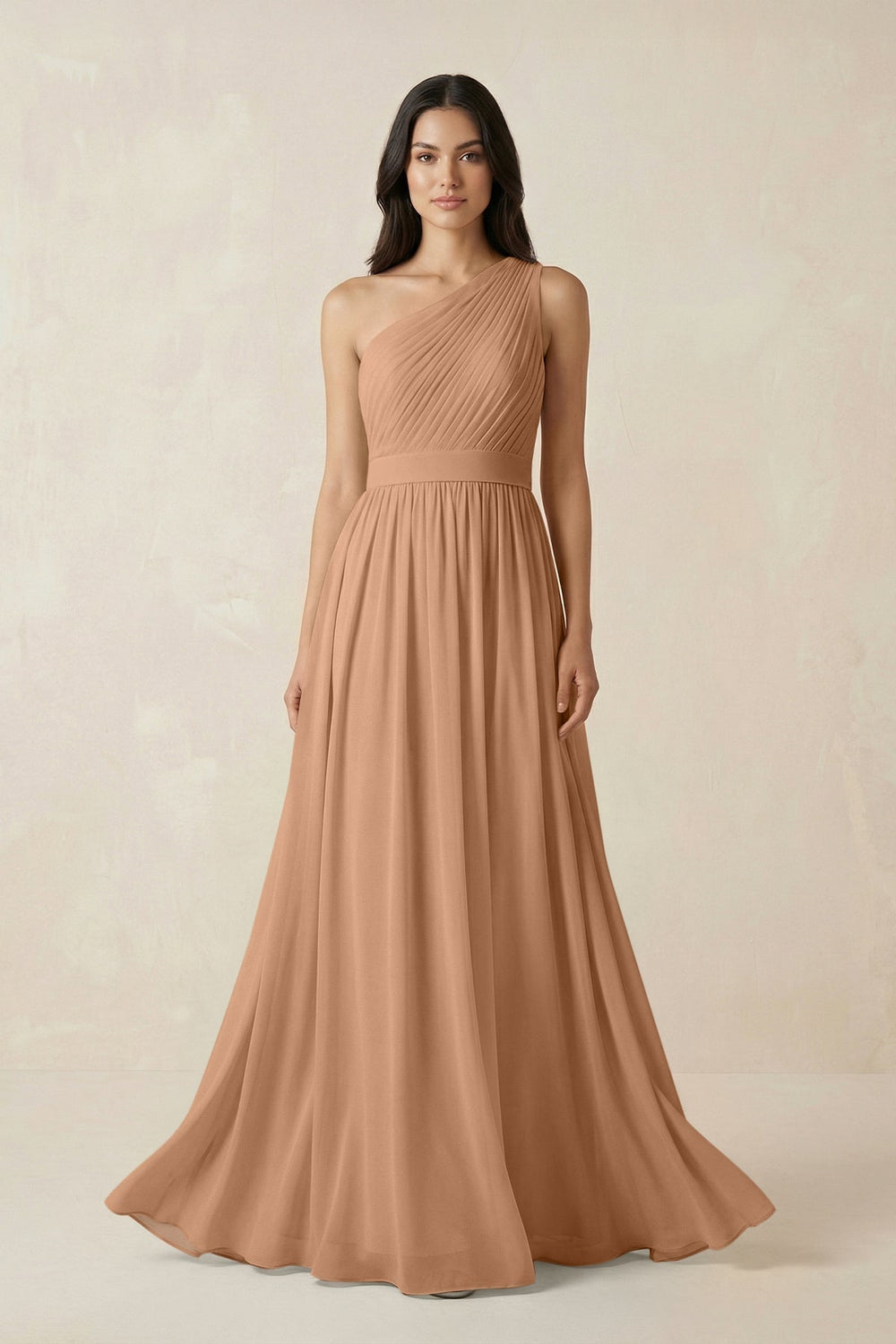 One-Shoulder Pleated Chiffon Bridesmaid Gown in Bronzer