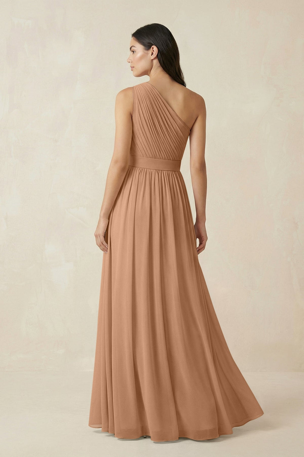 One-Shoulder Pleated Chiffon Bridesmaid Gown in Bronzer