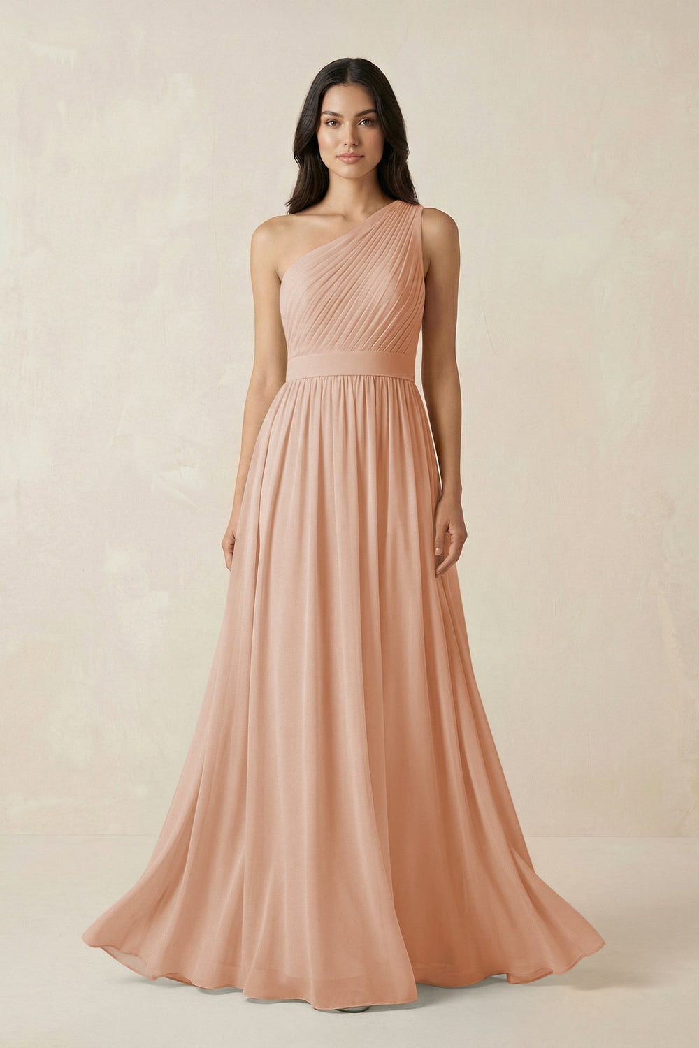 One-Shoulder Pleated Chiffon Bridesmaid Gown in Champagne Rose