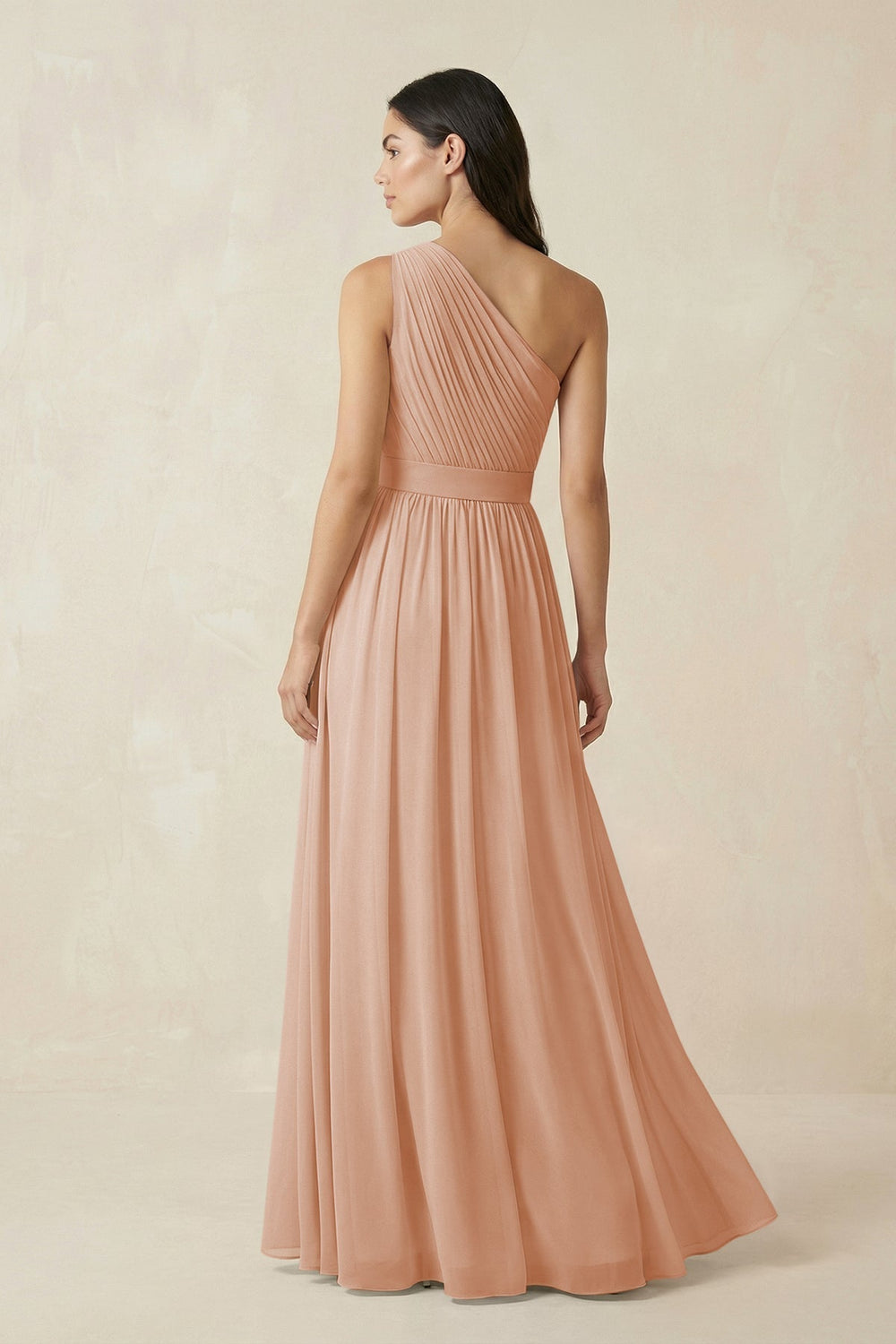 One-Shoulder Pleated Chiffon Bridesmaid Gown in Champagne Rose