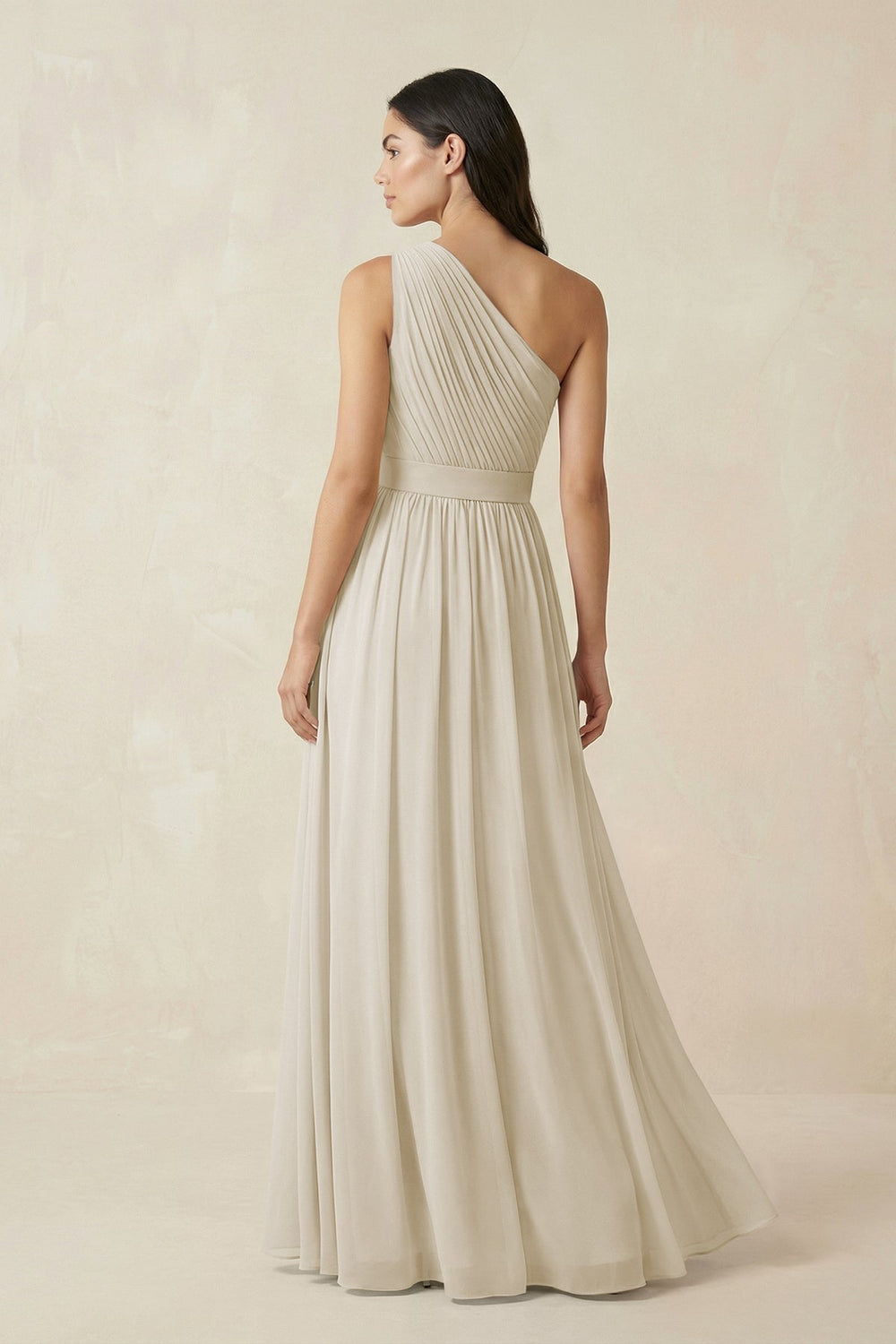 One-Shoulder Pleated Chiffon Bridesmaid Gown in Dove Gray