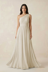 One - Shoulder Pleated Chiffon Bridesmaid Gown in Dove Gray - KISS BRIDAL Bridesmaid Dresses