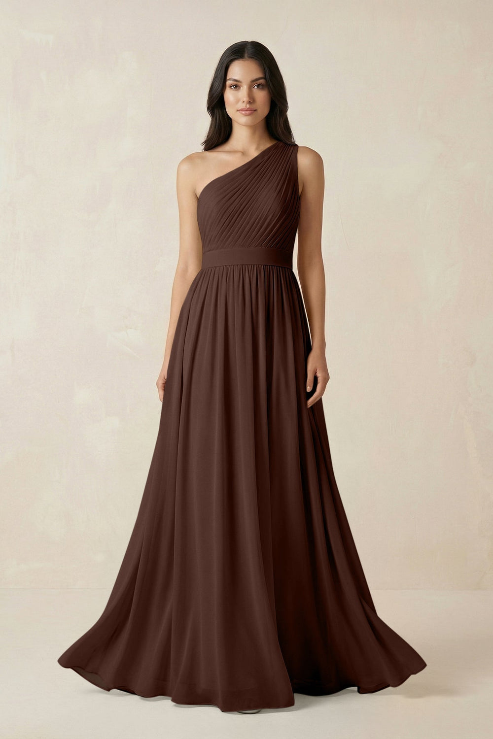 One-Shoulder Pleated Chiffon Bridesmaid Gown in Espresso