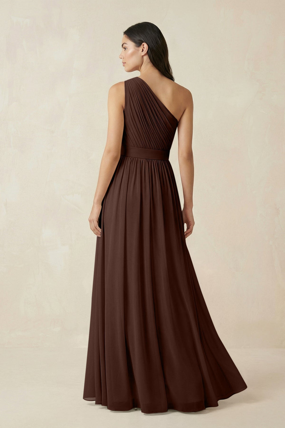 One-Shoulder Pleated Chiffon Bridesmaid Gown in Espresso