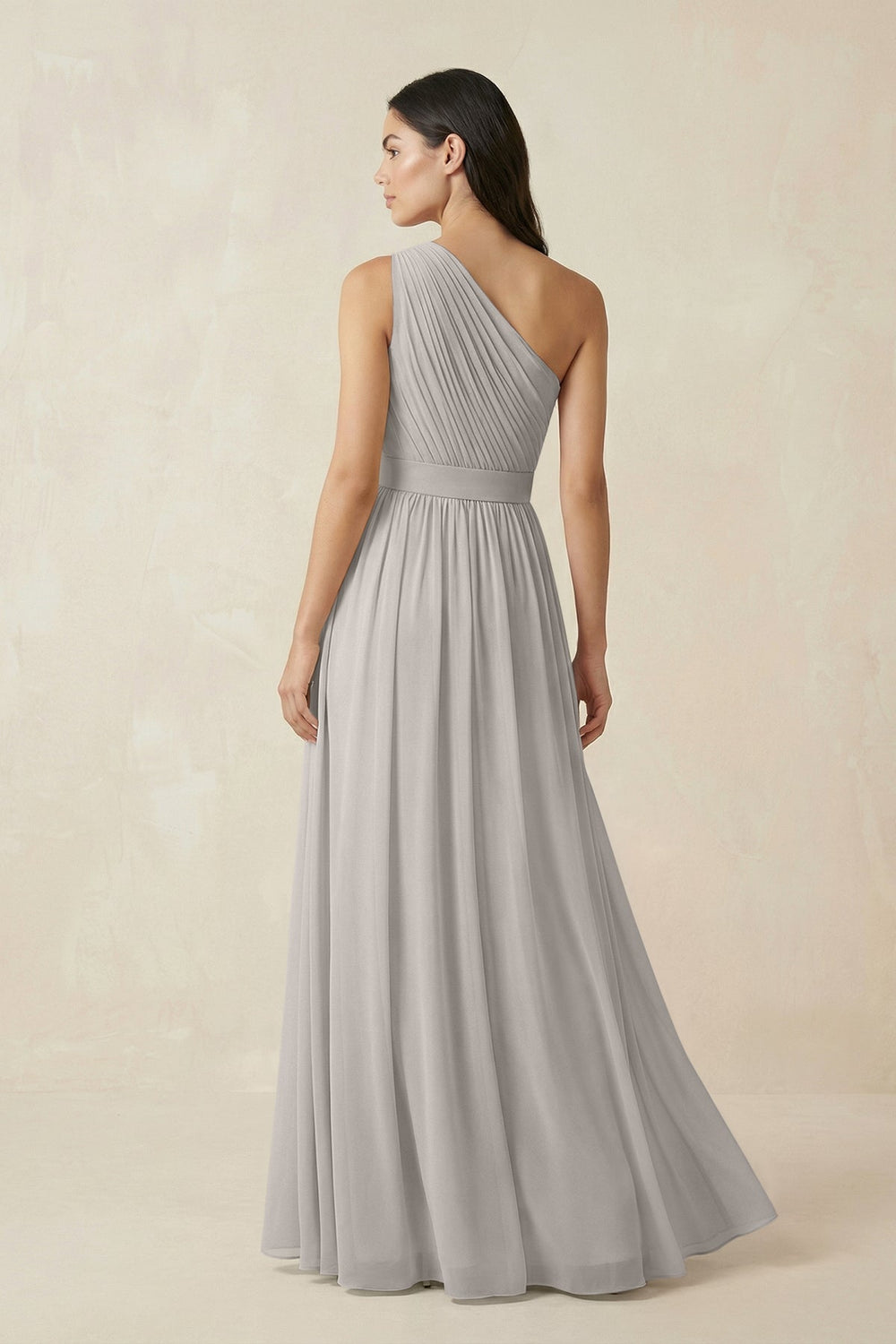 One-Shoulder Pleated Chiffon Bridesmaid Gown in Silver