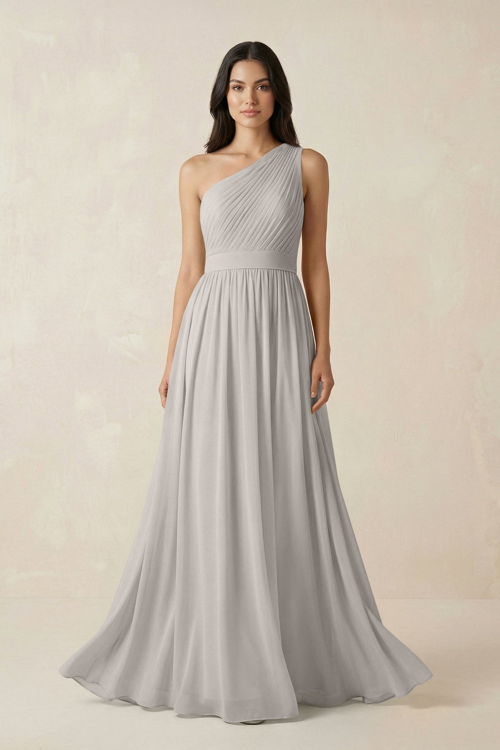 One-Shoulder Pleated Chiffon Bridesmaid Gown in Silver
