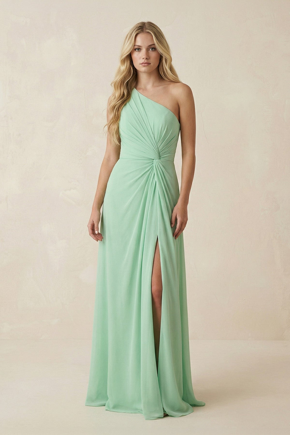 One-Shoulder Ruched A-Line Chiffon Bridesmaid Dress in Pale Pistachio
