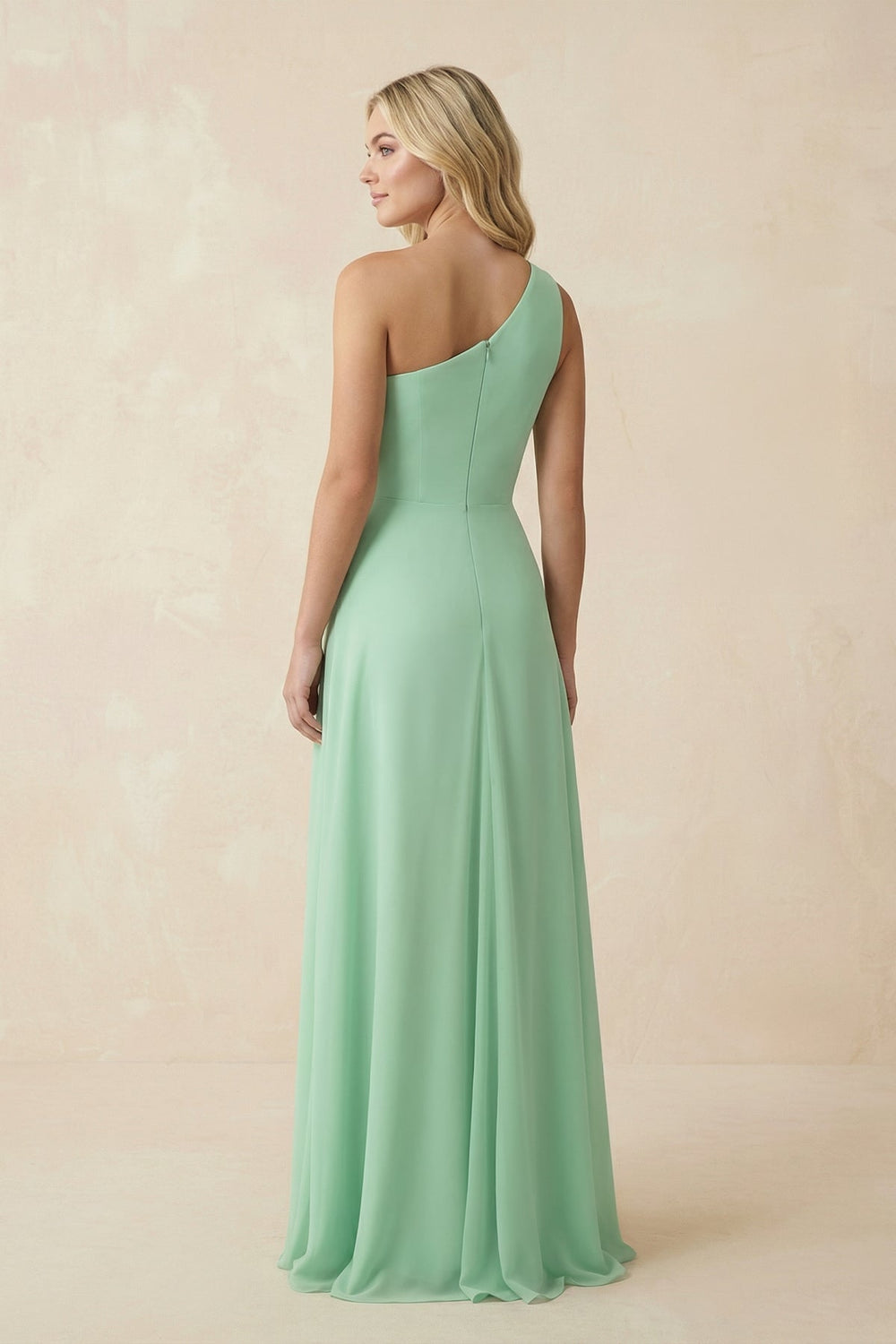 One-Shoulder Ruched A-Line Chiffon Bridesmaid Dress in Pale Pistachio