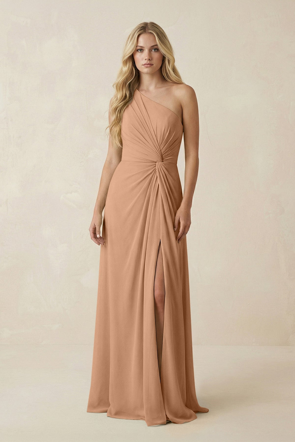 One-Shoulder Ruched A-Line Chiffon Bridesmaid Dress in Bronzer