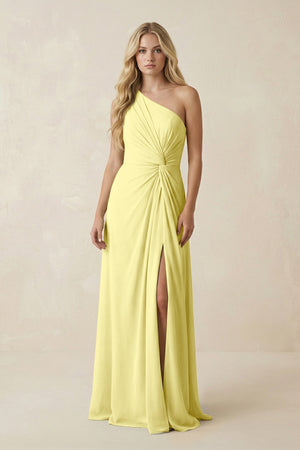 One - Shoulder Ruched A - Line Chiffon Bridesmaid Dress in Buttercup - KISS BRIDAL Bridesmaid Dresses