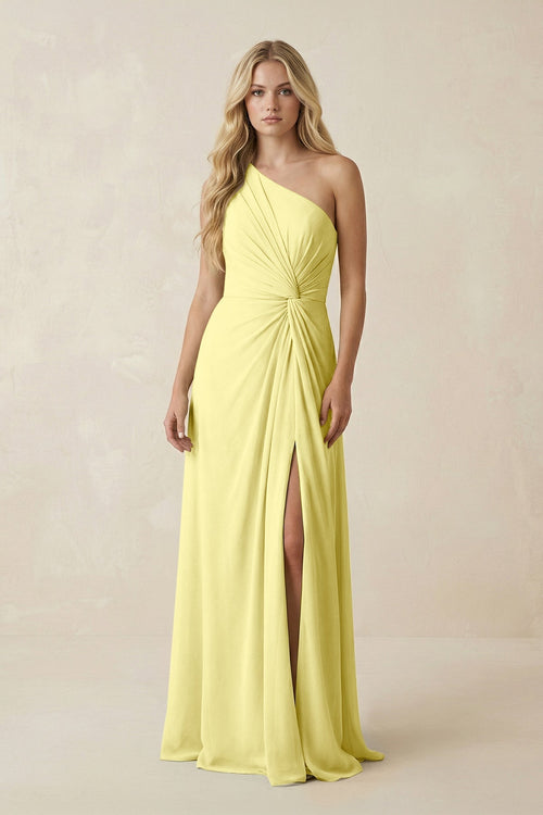 One - Shoulder Ruched A - Line Chiffon Bridesmaid Dress in Buttercup - KISS BRIDAL Bridesmaid Dresses