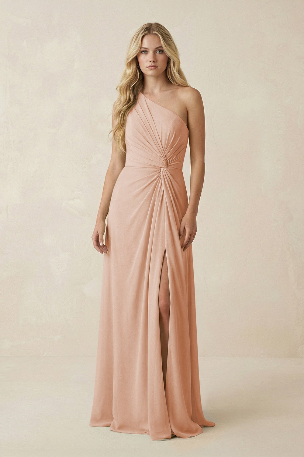 One-Shoulder Ruched A-Line Chiffon Bridesmaid Dress in Champagne Rose